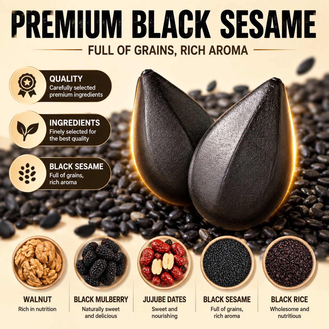 Intangible Heritage 5-Treasure Black Sesame Balls – Nine-Steamed & Nine-Sun-Dried Traditional Craft & Repair Damaged Hair&Promote Sleep-ASS1