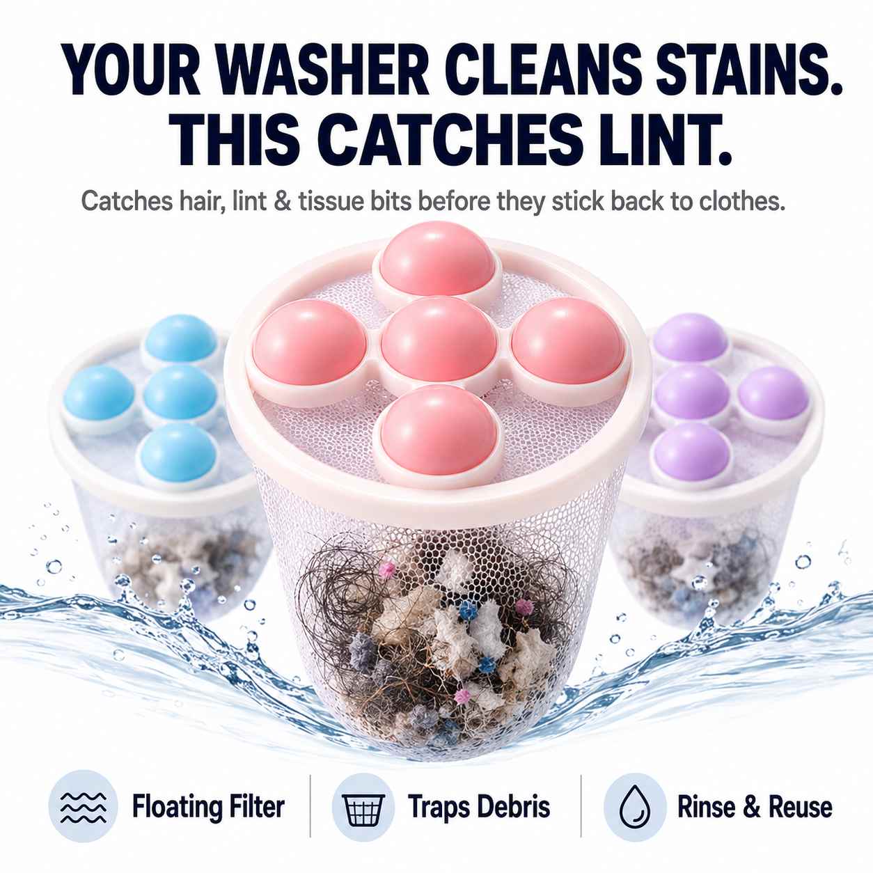 Washer Lint Catcher That Traps Hair, Lint & Tissue Bits Before They Stick Back-AFF