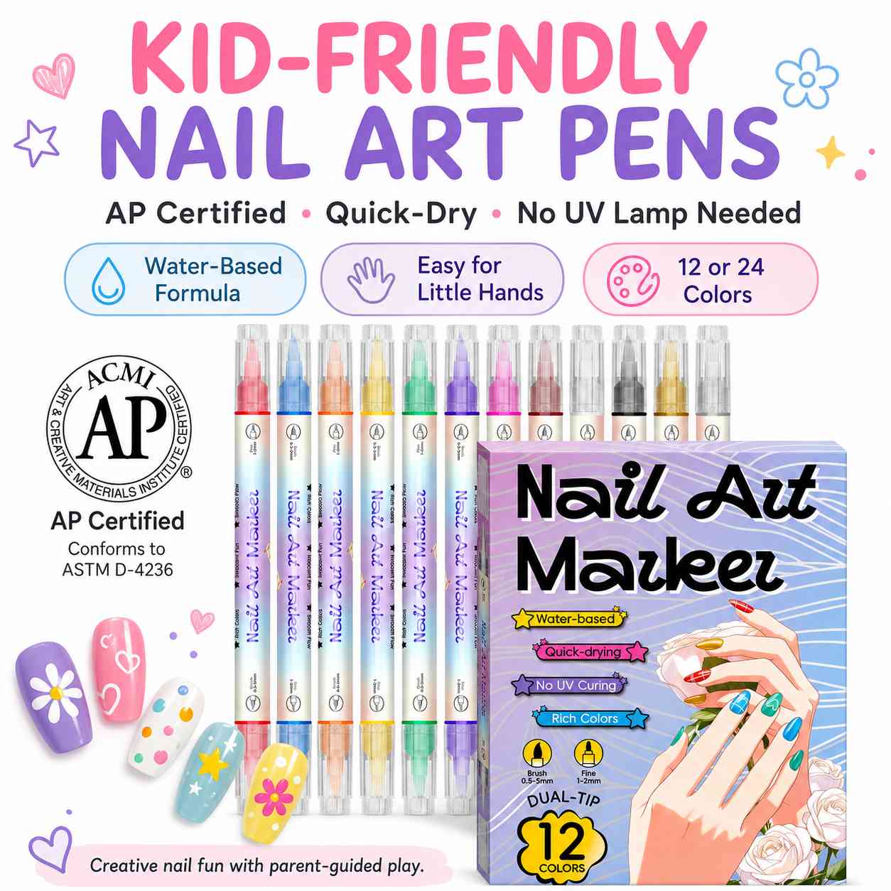 Kid-Friendly Nail Art Pens – Water-Based Quick-Dry Nail Marker-AFF