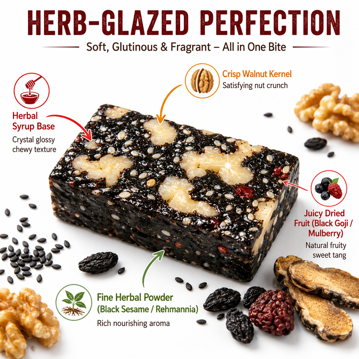 🌿 Mulberry Rehmannia & Black Goji Sesame Cake – Soft Herbal Nut Snack, Low Sugar Energy Bar 🖤🍇🌰-AFF