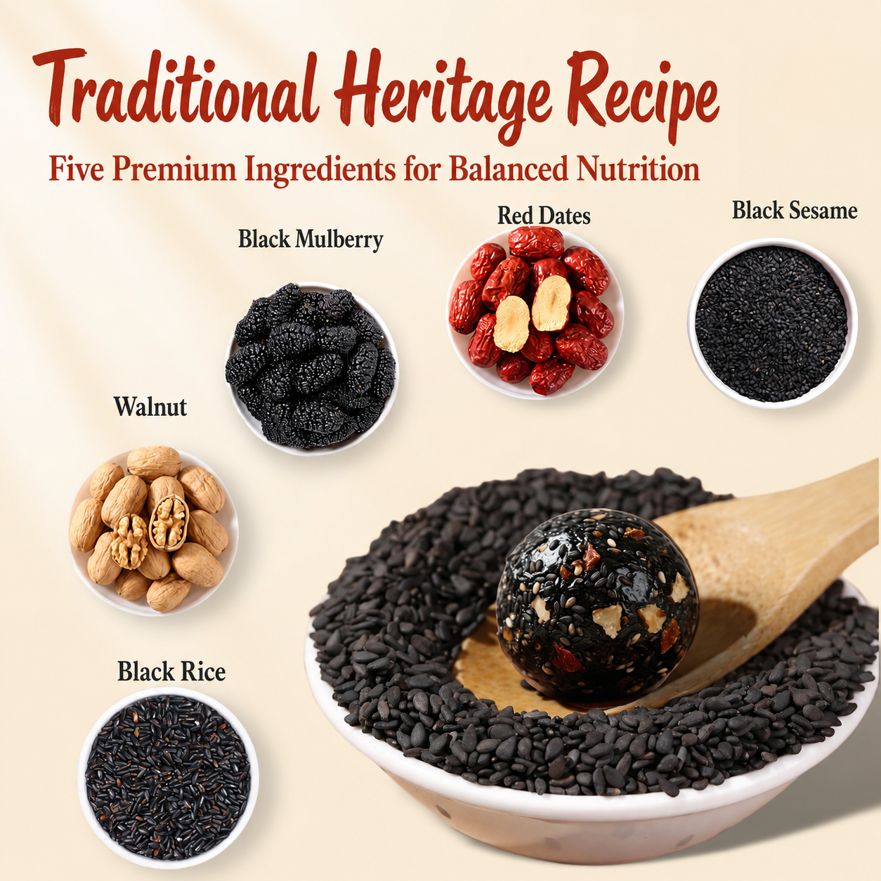 Intangible Heritage 5-Treasure Black Sesame Balls – Nine-Steamed & Nine-Sun-Dried Traditional Craft & Repair Damaged Hair&Promote Sleep-ASS1