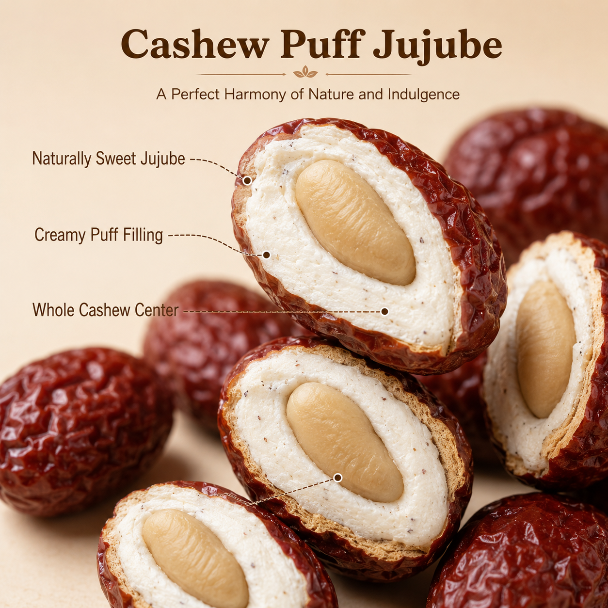 🌰 Cashew Puff Jujube – No Added Sugar Healthy Snack with Whole Cashew Center-AFF