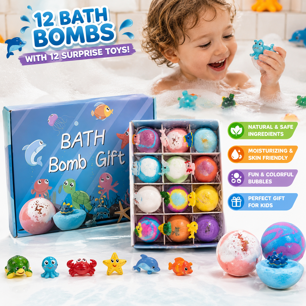 Ocean Surprise Bath Bombs for Kids – Fizzy Bath Time Gift Set with Hidden Sea Animal Toys Inside-YFL