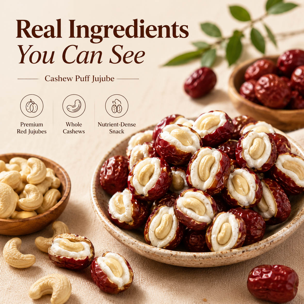 🌰 Cashew Puff Jujube – No Added Sugar Healthy Snack with Whole Cashew Center-AFF
