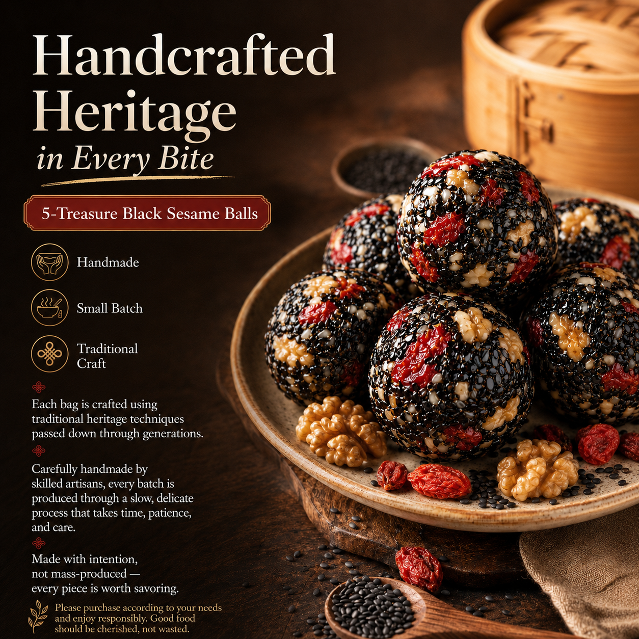 Intangible Heritage 5-Treasure Black Sesame Balls – Nine-Steamed & Nine-Sun-Dried Traditional Craft & Repair Damaged Hair&Promote Sleep-ASS1